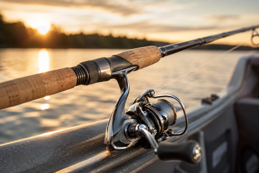 Premium spinning reel on a rod resting on a boat gunwale at golden hour