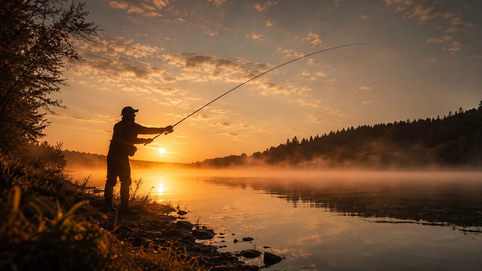 Angler casting a fishing rod from the shore at sunrise over misty water