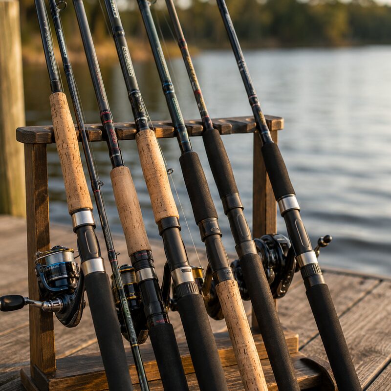Fishing rods with cork handles in a rack at golden hour